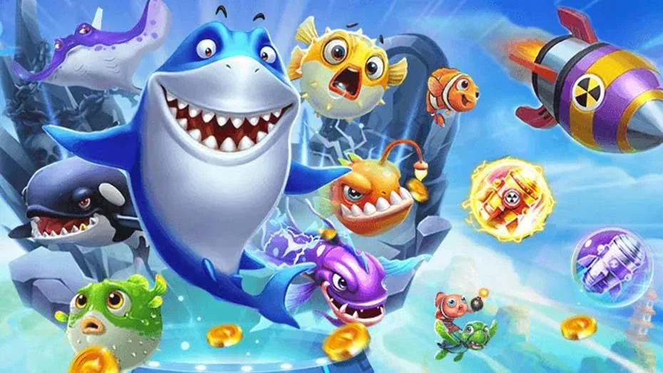 Adegan sasaran ikan bergerak dalam permainan arcade bawah laut